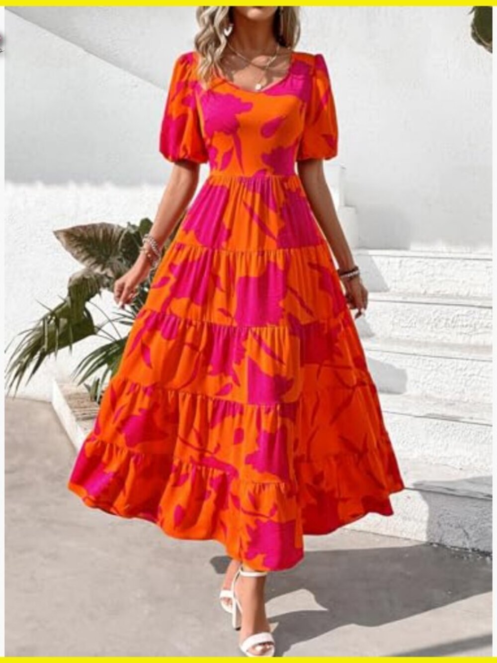 Floral Maxi Dress Puff Sleeve Tiered Hem Smocked Top Wedding Guest Elegant - Picture 2 of 7